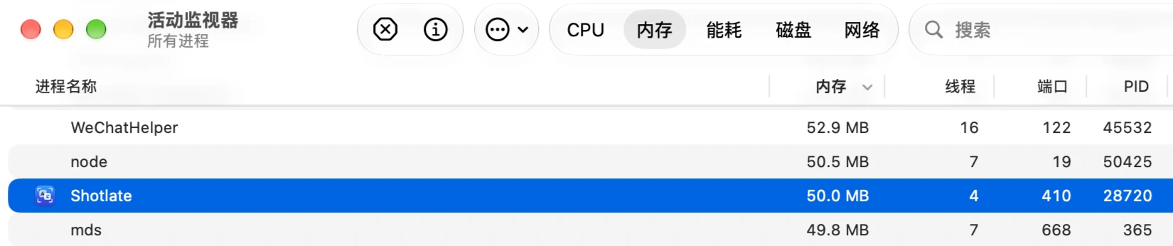活动监视器的内存页：Shotlate 占用 50.0 MB，4 个线程